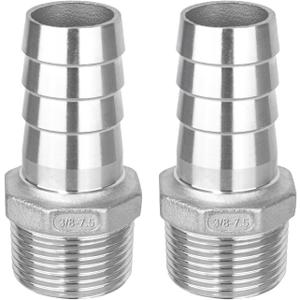 2 x 304 Stainless Steel Hose Barb Fitting, 1/4" Hose Barb x 3/8" NPT Male Adaptor for Water Fuel Air 2PCS
