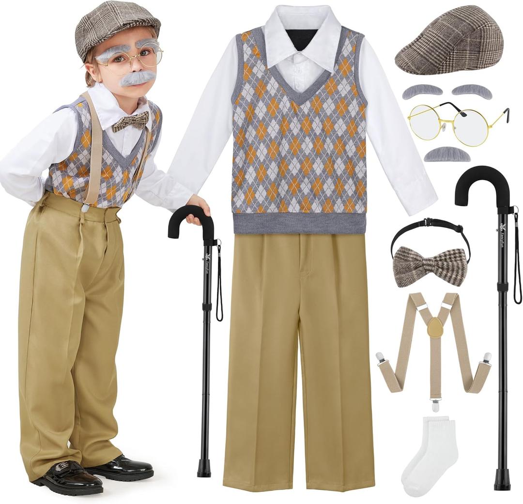 9 Pcs 100 Days of School Costume for Boys Old Man Costume for Kids Grandpa Dress Up Outfits Set (8-10Years, Khaki Plaid With Camel)