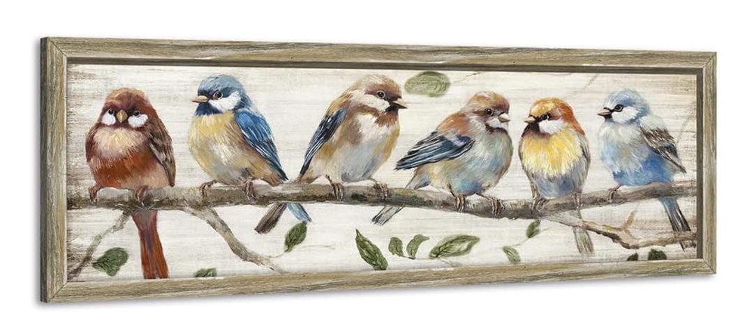 Colorful Bird Framed Wall Art: Cute Chickadee Wooden Painting Vintage Sparrow Picture Bluebird on Branch Prints Countryside Artwork Rustic Decor for Living Room Bedroom Farmhouse, 24"L x 8"W