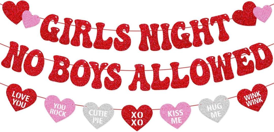 Happy Galentine's Day Decorations Girls Night No Boy Allowed Banner Valentines Day Be My Galentine Decor Girls Women Gal Pals Party Glitter Supplies