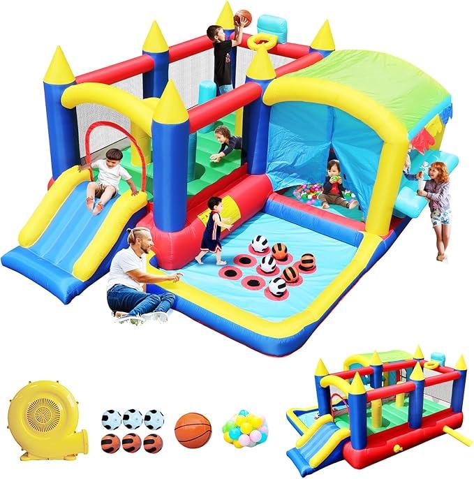 7 in 1 Inflatable Bounce House, Bouncy House with Ball Pit for Kids Indoor Outdoor Party Family Fun, Obstacles, Toddler Jump Bouncy Castle with Ball Pit for Birthday Party Gifts(no soccer/basketballs or inflater fan)