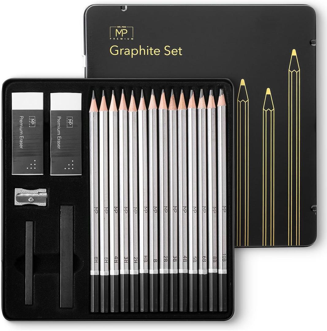 Mr. Pen- Drawing Sketching Pencil Set, 19 pcs, Graphite Pencils (10B-6H), Graphite Sticks, Erasers, Metal Sharpener, for Drawing, Sketching, Shading & Art Projects (Black)