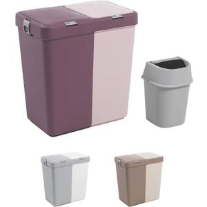 Mabel Home Plastic Laundry Hamper with Lid, 2 sections, Large Laundry Basket Extra Trash Bin (1,6 Gallons) inc. (Pink-Purple)