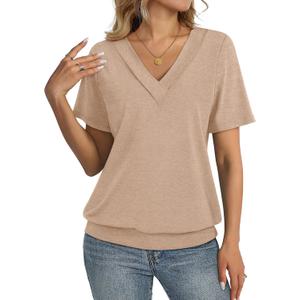 TICTICMISS Womens Short Sleeve Tops Banded Bottom V Neck Summer T Shirt Casual Basic Tees Trendy Tops Summer Clothes L