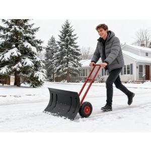 Garvee 29" Snow Pusher Shovel with Wheels,Heavy Duty Steel Snow Shovel with Wheels,Angled Blade Efficient Snow Removal With5-Position Angled Blade & Adjustable Handle for Doorway, Sidewalk, Black&Red