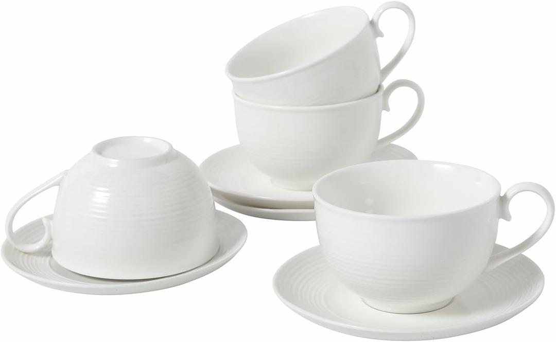 4pcs White Coffee Cups with Saucers, 10oz Ceramic Cappuccino Cups, Microwave & Dishwasher Safe, for Home, Cafe, Large