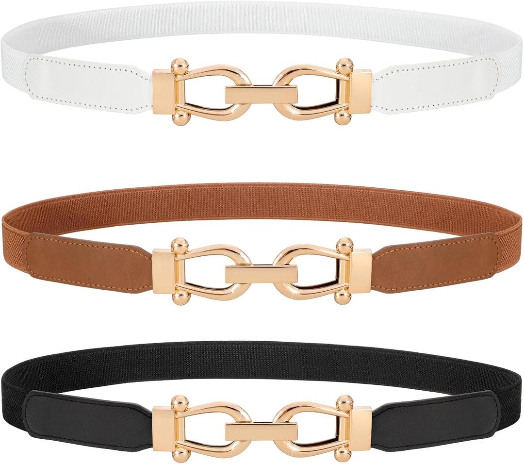 WERFORU 3 Pack Women Skinny Elastic Waist Belt Gold Buckle Stretchy Thin Belt for Jeans Dress (A-black+brown+white)