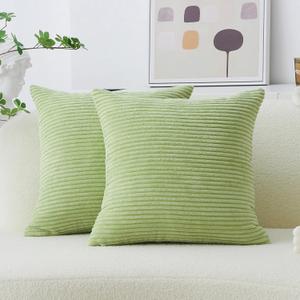 Home Brilliant Throw Pillow Covers 18x18 Set of 2 Super Soft Corduroy Striped Spring Pillow Covers Decor Cushion Covers for Couch Bedroom Decor, 18 x 18 inch, Apple Green