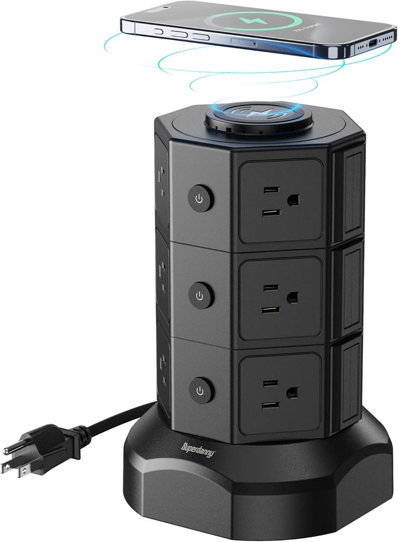 Tower Power Strip with 15W Wireless Charger, SUPERDANNY 1050J Surge Protector Tower 13A Charging Station with 12 AC Outlets & 6 USB Ports (2 USB C), 6.5ft Black Extension Cord for Dorm Essentials