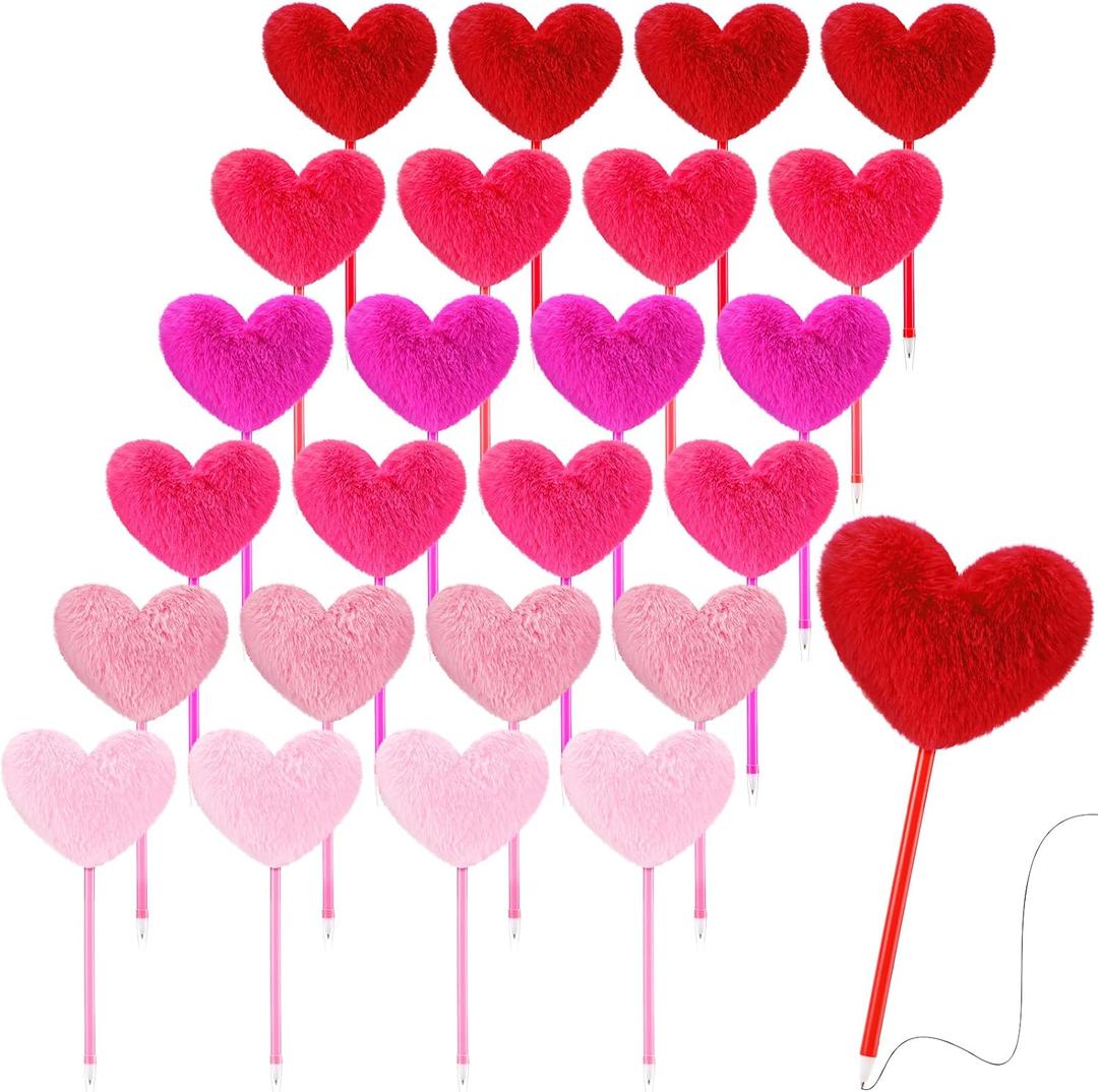 Zhanmai 24 Pcs Heart Shape Pom Pom Ballpoint Pens Colorful Fluffy Ball Pen Bulk for Teacher Women Office Party Supplies Wedding Gift