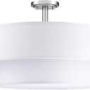 4 Light Off White Double Drum Fabric Shade Semi Flush Mount Ceiling Light,Close to Ceiling Light Fixture Brushed Nickel Finish,18 inch Semi Flush Drum Light for Bedroom,Living Room,Dining Room Hallway