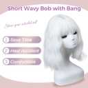 White Wigs with Bangs for Women,Shoulder Length Short Wavy Bob Wigs With Bangs Synthetic Bob Wig Curly Wig Heat Resistant Colorful Wavy Wig Cosplay Fun Wigs For Daily Party(12 Inch)