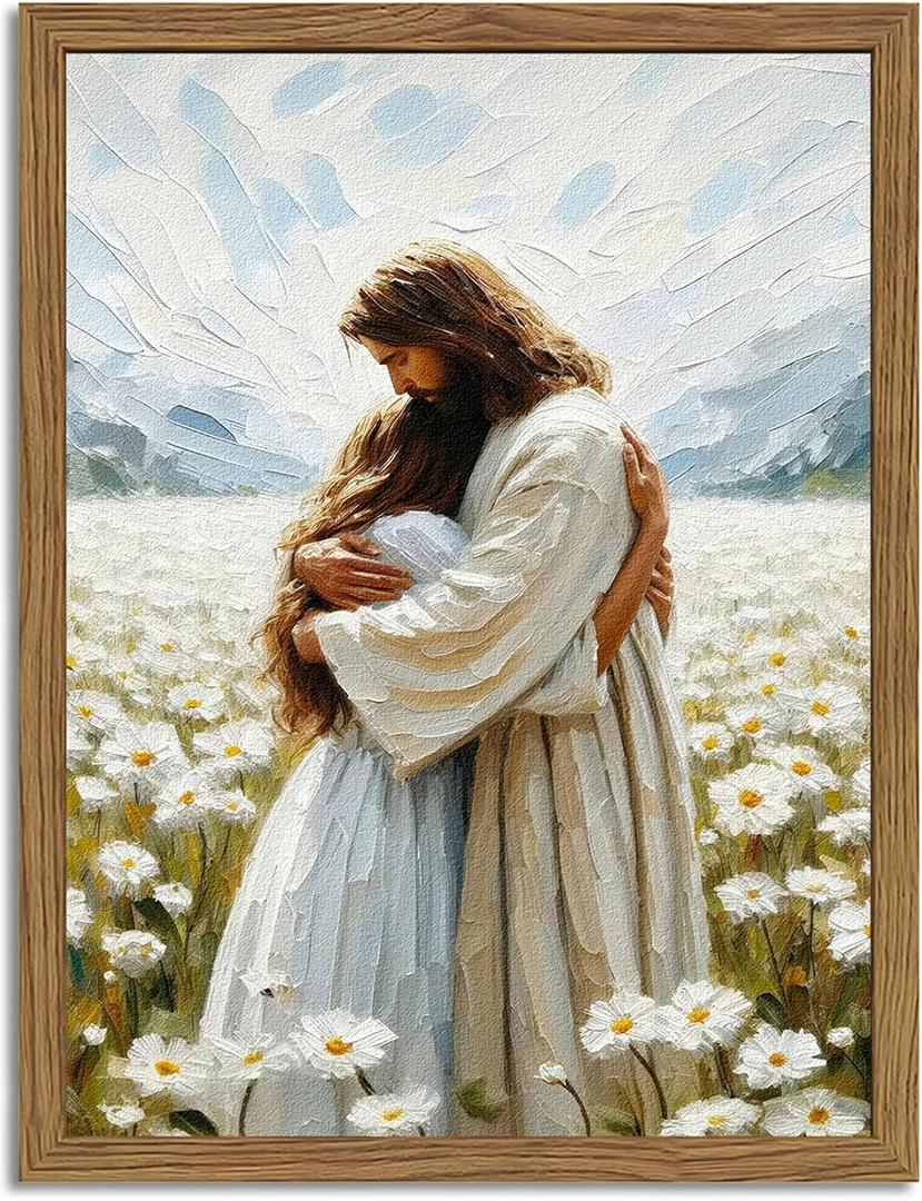 Framed 3D Textured Jesus Embracing Woman Wall Art, Jesus Hugging Woman Wall Decor Hand Drawn Sandstone Religious Christian Bible Painting Pictures for Bedroom, Living Room, Prayer Room, 12x16 In, Wood Framed (Color Jesus Embrace)
