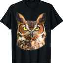Great Horned Owl Head T-shirt Owl Lover Tee (Black)