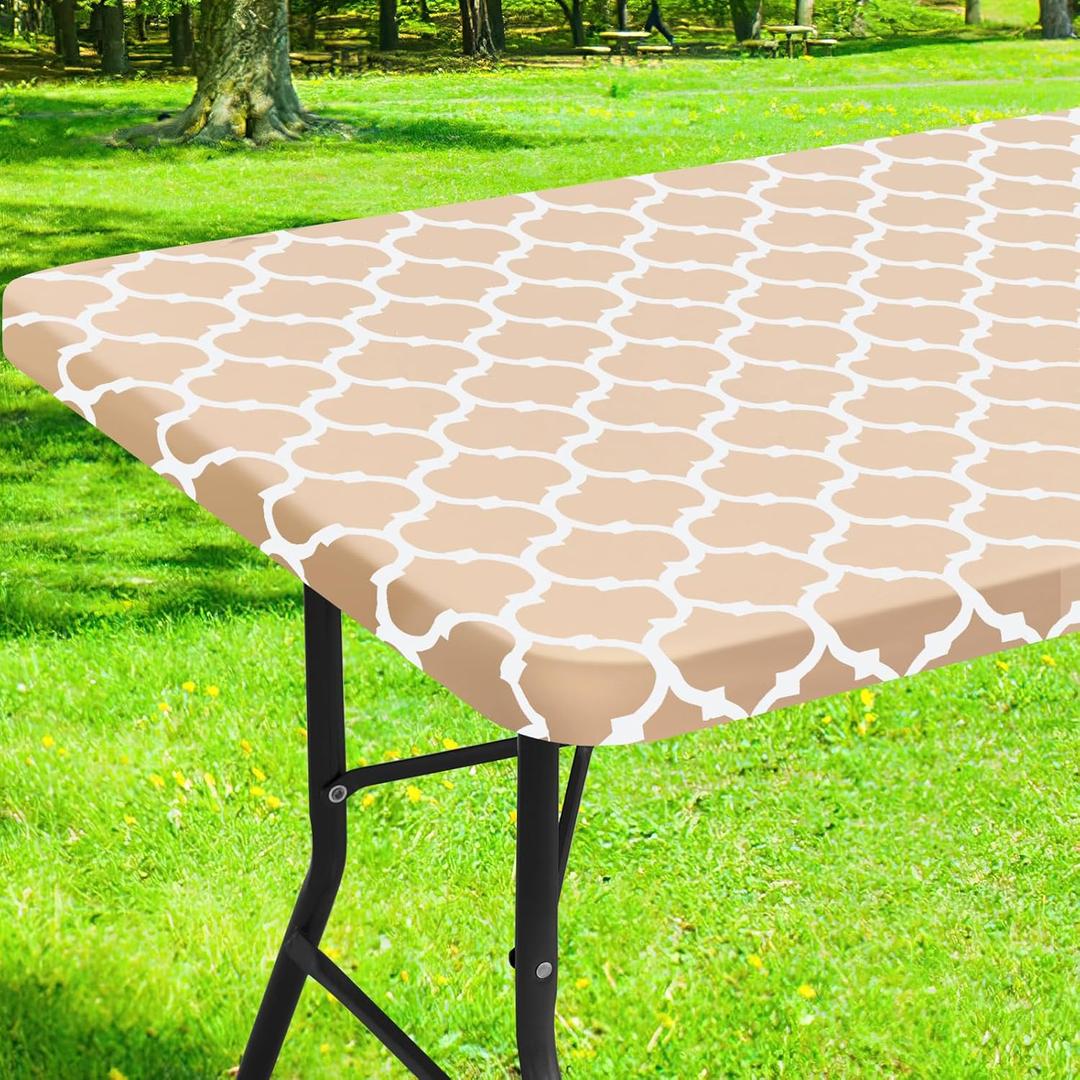Smiry Rectangle Picnic Table Cover, Waterproof Elastic Fitted Camping Tablecloths for 4 Foot Tables, Wipeable Flannel Backed Vinyl Tablecloth Protector for Indoor, Outdoor (Khaki, 30x48 Inches)