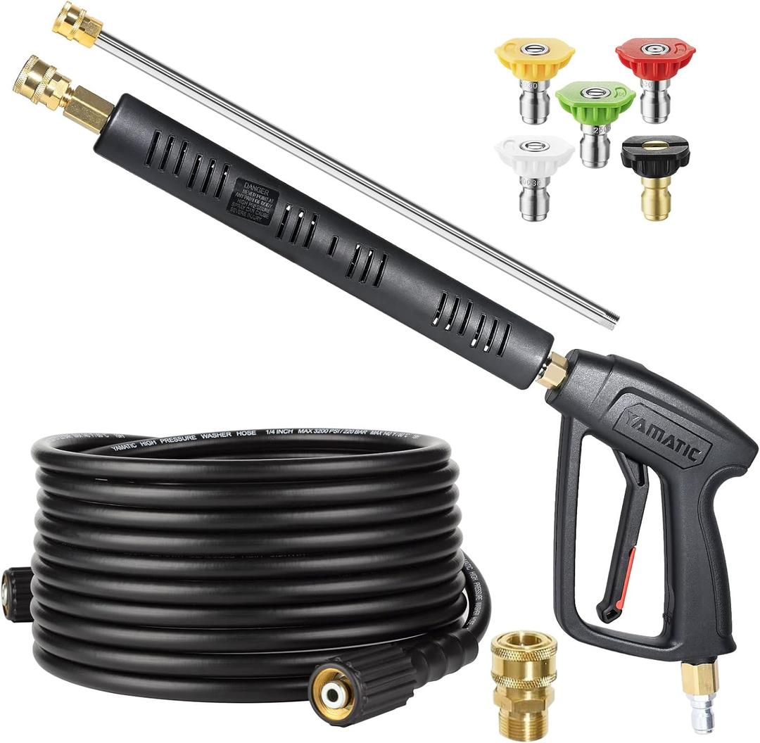YAMATIC Pressure Washer and Hose Kit, 25 FT Kink Resistant Power Washer Hose and Wand, 3/8" Swivel Quick Connector & M22-14mm Fitting Replacement for Ryobi, Simpson, Craftsman