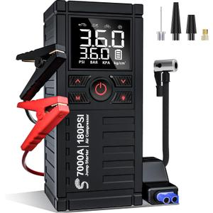 Jump Starter with Air Compressor, 7000A 180PSI Car Battery Jump Starter Jump Box (All Gas/10.0L Diesel), Battery Jumper Starter Portable Jumper Cables, Large LCD Display, LED Light Black