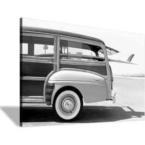 Hardy Gallery Coastal Wall Art Surfboard Pictures: Beach Wall Decor Seaside Black White Car Artwork Surfing Ocean Print in Canvas Painting for Bathroom 45" x 30"