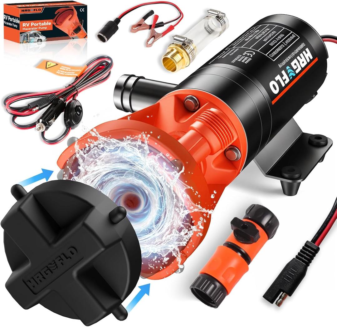 RV Macerator Pump 12V,Portable Macerator Waste Pump,12GPM Suction 3.2 feet Lift 10 feet with Garden Hose Discharge Port, Quick Release Sewage Pump with Fresh Water Rinse and Manual Crushing Function.