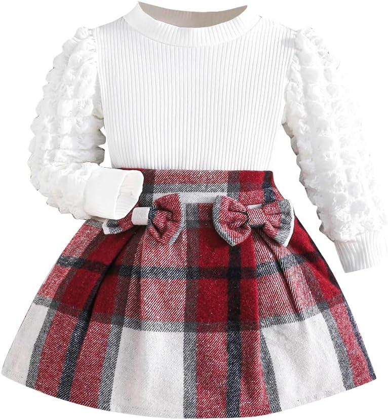 Noubeau Toddler Girls Plaid Outfits Girls Puff Sleeve Knit Ribbed Shirt Tops Plaid Skirt Set Kids Fall Winter Clothes (6 Years)