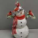 K&K Interiors 54383A 14 Inch Glittered Resin Snowman with 4 Cardinals, White and Red