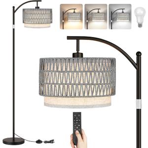 Rattan Floor Lamps for Living Room, Boho Standing Lamps with Grey Rattan& Linen Double Shades, Arc Lamps Floor Standing with 9W Bulb, Foot Switch, Black Bohemian Floor Lamps for Bedroom, Office-Drum (Black & Gray shade)