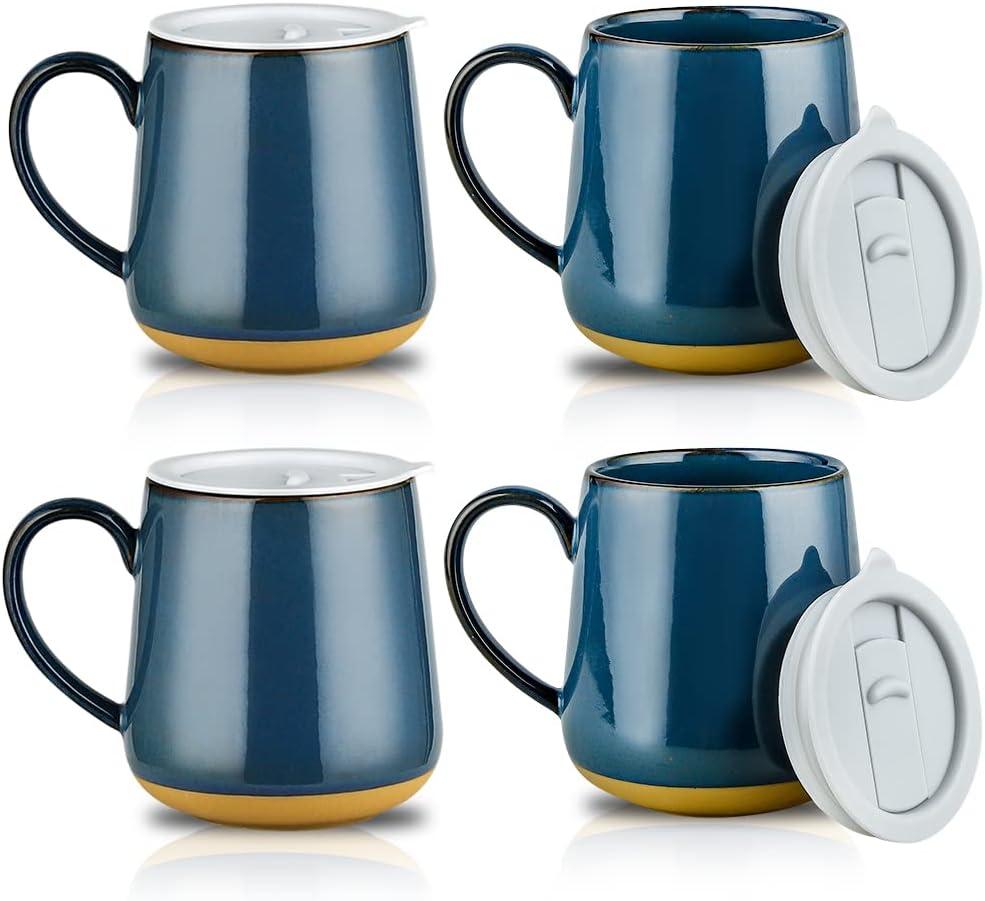 HVH Farmhouse Style Ceramic Mug Set of 4, 17oz with Lid, Large Handle, for Coffee, Tea & More (Blue)