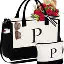 YOOLIFE Birthday Gifts for Women - Initial Canvas Tote Bag & Makeup Bag Monogrammed Beach Bag for Women Mom Sister Friends