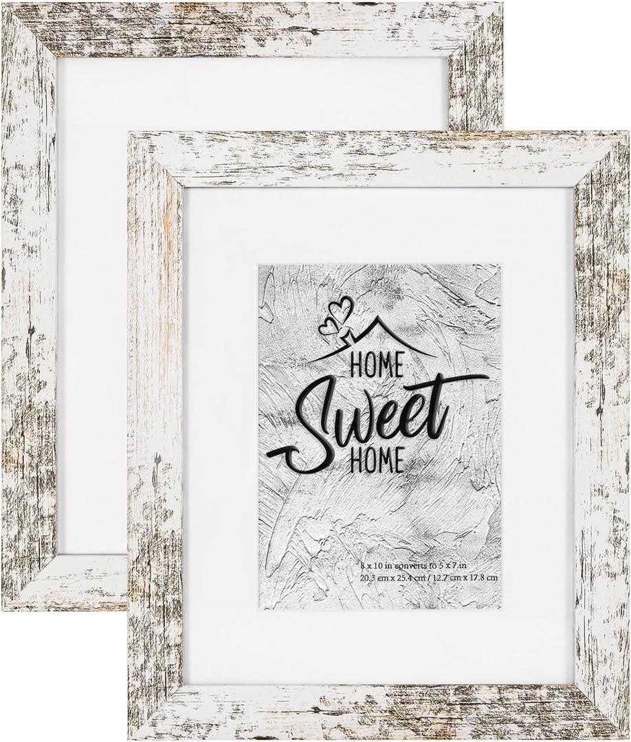 Califortree Rustic White 8x10 Picture Frame - Display Photos 5x7 with Mat or 8x10 Without Mat - HD Glass Inside, Horizontal and Vertical Display for Wall and Tabletop - Set of 2