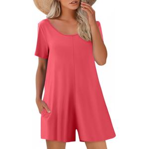 Womens Summer Casual Romper Short Sleeve Crewneck Shorts Overalls Jumpsuit with Pockets 2025 Outfits (Small, Pink)