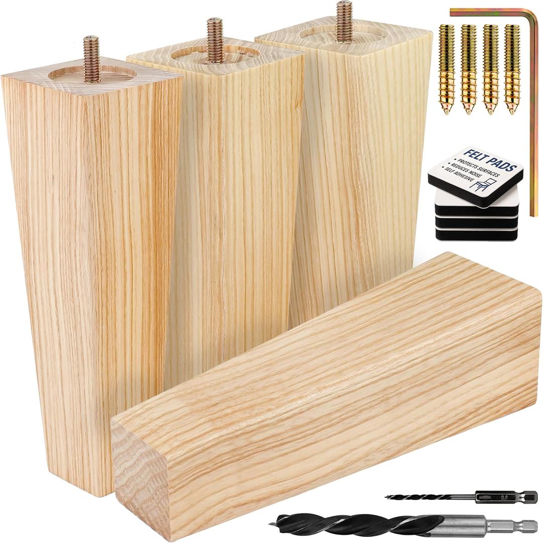 Airy Abode Premium Ash Wood Square Furniture Legs (Full Install Kit) - Pick Your Size and Color (8 Inches)