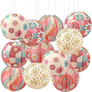 12 Pcs Groovy Boho Classroom Decoration Retro Paper Lanterns Hippie Ceiling Decor Vintage Classroom Decoration Back to School Paper Lantern Party Supply Daisy Smile Face for Baby Shower Birthday Home