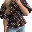 Cicy Bell Womens Polka Dots Peplum Tops Summer Puff Short Sleeve Round Neck Blouses Trendy Casual Shirts (Brown) S