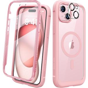 Diaclara Designed for iPhone 15 Plus Case 6.7'', [Compatible with MagSafe] Full Body Rugged Magnetic Case w/Built-in Sensitive Anti-Scratch Screen Protector+Glass Camera Lens Protector,Coral Pink