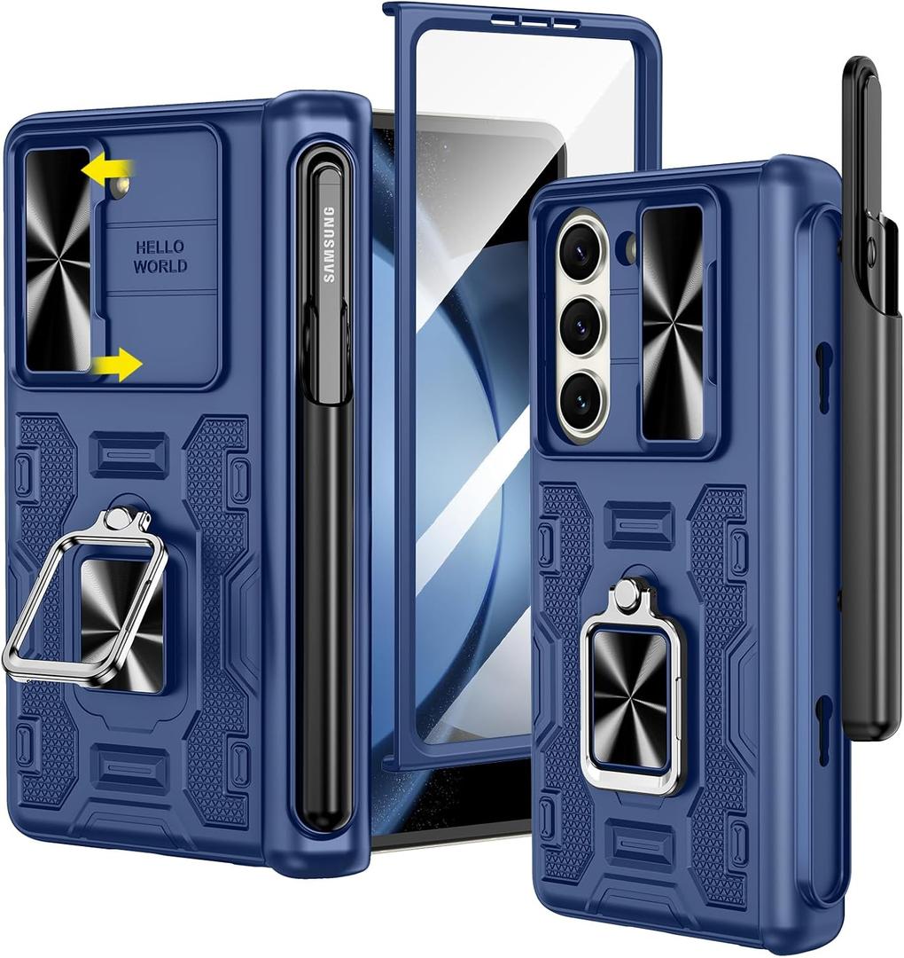 VEGO for Samsung Fold 5 Case with S Pen Holder, [Hinge Protection][360°Ring Magnetic Kickstand][Slide Camera Cover][Front Screen Protector] Protective Case for Galaxy Z Fold 5 5G - Midnight Blue