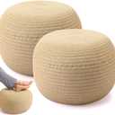 Briwooody 2 Pcs Handmade Round Jute Low Pouf Ottoman - Braided Floor Seating Cushion, 16" x 16" x 8" Natural Fiber Foot Rest Stool, Boho Decor for Living Room, Bedroom, and Patio
