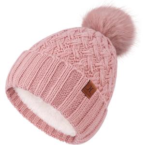 FZ FANTASTIC ZONE Winter Beanie Hats for Women with Fleece Lined Knitted Warm Womens Pom Pom Hat Chunky Cable Skull Cap Gifts (Pink) 20.5 - 23.6