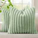 DecorUhome Summer Cozy Faux Fur Throw Pillow Covers 18x18 Set of 2 Decorative Soft Plush Striped Modern Farmhouse Boho Couch Pillow Cases with Velvet Back for Sofa Bed Living Room, Sage Green