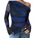 RoseSeek Women's Off Shoulder Tie Dye Mesh T Shirt Long Sleeve Asymmetrical Hem Ruched Fitted Tee Tops Deep Blue Medium