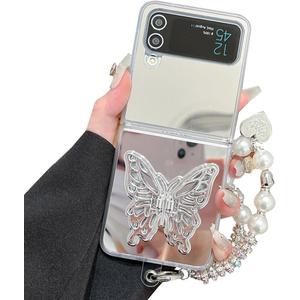 Cute Case for Samsung Galaxy Z Flip 4 Mirror Back and Butterfly Stand, Woman Aesthetic Strap Case Lovely Design, Girly Make-up Cover for Z Flip 4 (Mirror/Butterfly)