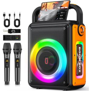 Karaoke Machine for Adults and Kids with 2 Wireless Microphones, 300W, 24H Playtime, RGB DJ Lights & TWS/USB/AUX/TV, Pro Portable Party Bluetooth Speaker for Home/Outdoor/Gifts (Black and Orange)