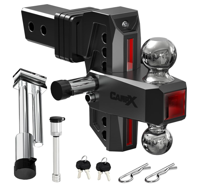 Adjustable Trailer Hitch Fits 2" Receiver 6-Inch Drop/Rise, Black | Aluminum Tow Hitch with Reflector, 14,500 LBS GTW for Heavy Duty Towing, 2" & 2-5/16" Ball Mounts for RV,SUV, ATV and Truck