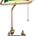 Bankers Lamp, Traditional Green Desk Lamp with Solid Birch Wood Base, Green Glass Antique Library Lamp with Pull Chain Switch, Plug in Vintage Bankers Desk Lamp for Office, Study Room E26 Socket