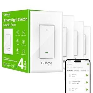GHome Smart Smart Switch, 2.4Ghz Wi-Fi Light Switch Compatible with Alexa, Google Home, Neutral Wire Required, Single-Pole,UL Certified,Voice Control and Timer,No Hub Required,4pack, White 