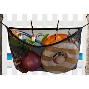 Campsite and Pool Organizer - Extra-Large Anti-Sag Outdoor Storage Bag with Reinforced Mesh Net for Camping and Beach Gear with Accessory Hooks and Extended Straps