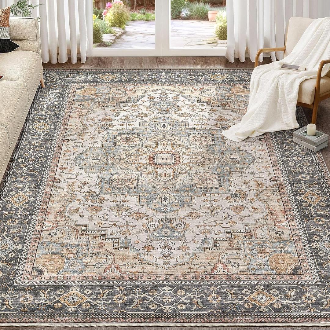 Washable Area Rugs for Living Room - 7x9 Neutral Vintage Distressed Floral Farmhouse Boho Large Soft Floor Rug Indoor Non Slip Carpet for Living Room Bedroom Dining Room Office - Forest Green Orange