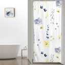 QiyI Small Stall Shower Curtain 36 x 72, Narrow Half Watercolor Floral Bath Curtain, 3D Embossed Blue Yellow Flower Cloth Bathroom Curtain, Waterproof Fabric White Shower Curtain Set with Hooks