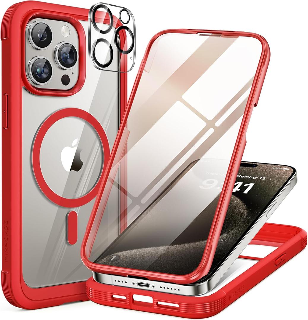 Miracase Magnetic for iPhone 15 Pro Max Case 6.7'' [Compatible with Magsafe] Full-Body Military Drop Proof for iPhone 15 ProMax Case with Built-in 9H Tempered Glass Screen Protector,Red