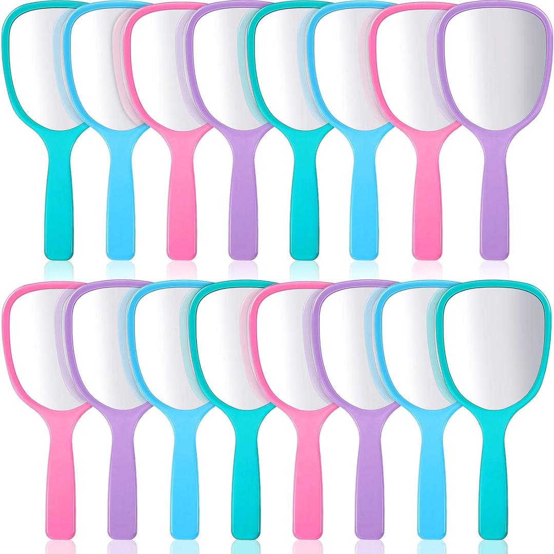 Hicarer 16 Pcs Hand Handheld Mirror with Handle Plastic Travel Makeup Handheld Cosmetic Mirror for Travel, 3.15 Inch Wide, 7.09 Inch Long (Blue,Green,Pink,Purple)