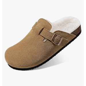 KIDMI Women's Fur Lined Suede Clogs Fuzzy Cork Footbed Mules Slip On Winter Potato Shoes 6.5